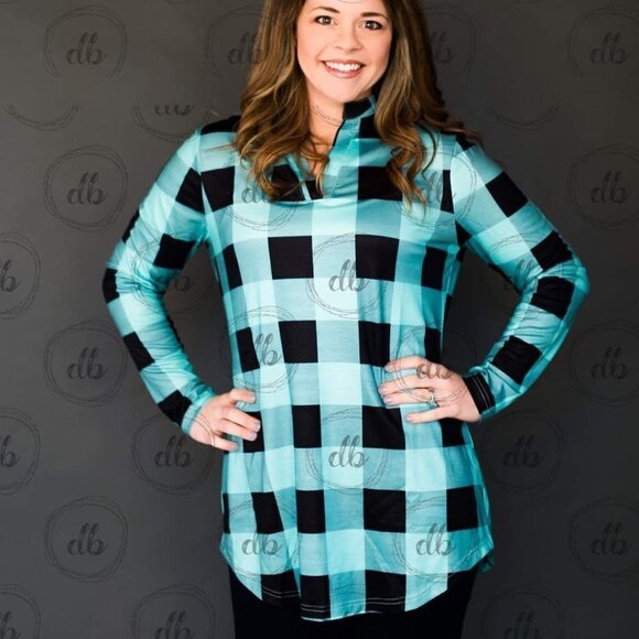 Buffalo Plaid Tunic Style Top Teal/Black - Picture 1 of 5